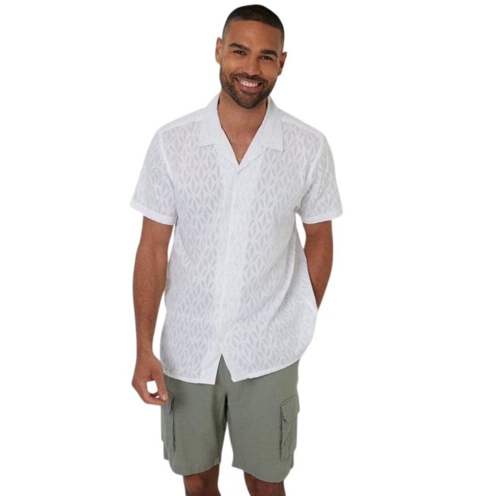 Threadbare Mens Geometric Pattern Short-Sleeved Shirt / White